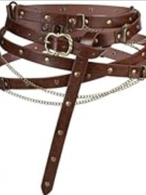 Stacked Chain Belt Brown Faux Leather Multi Strap Waist Belt Festival Ren Faire